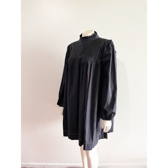 Ganni Women's Black Pintucked Cotton-Poplin Contrast Stitch Dress Size 36 Small - Picture 8 of 16